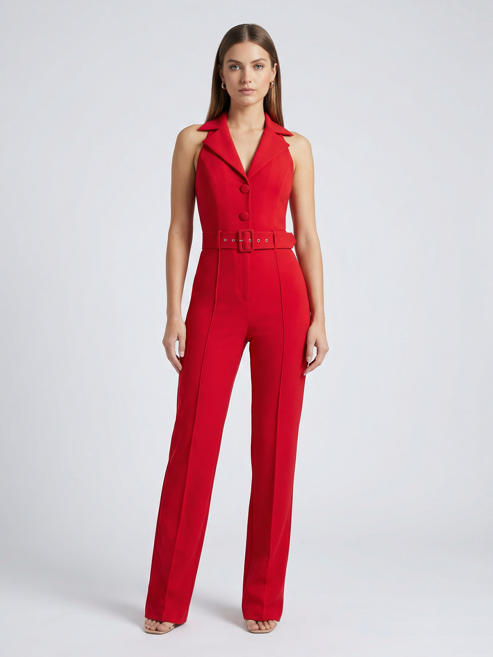 Sleeveless belted collared jumpsuit
