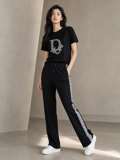 Print C D Top & Pants Coord Set, black tee with white CD monogram and black pants with white side stripe