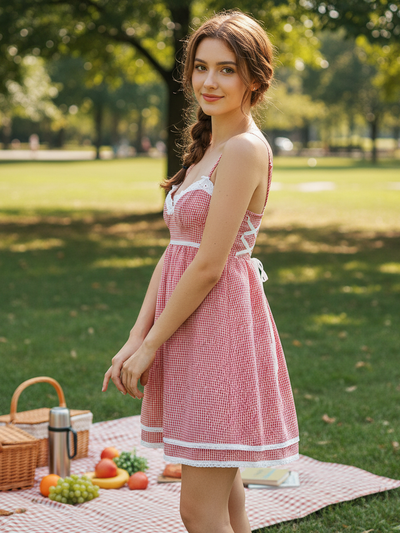 Gingham Print Short Dress With Adjustable Straps