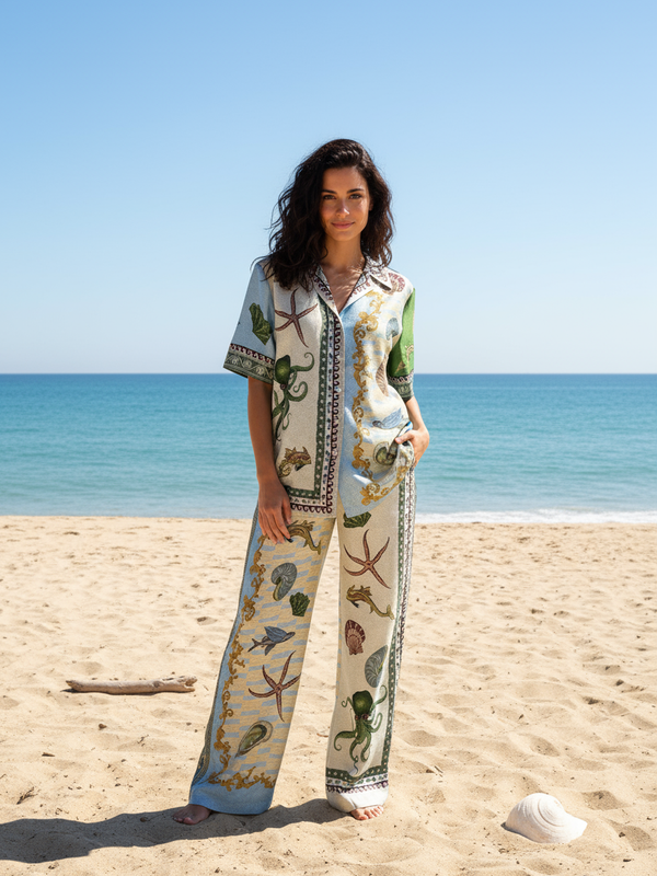 トップス pluti Beach shell SET Summer Octopus Shell Print Shirt & Pants Coord Set