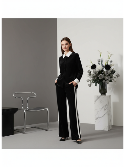 Velvet Shirt & Wide Leg Pants Coord Set