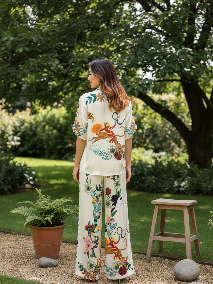 Graffiti Print Satin Short Sleeve Shirt & Pant Coord Set