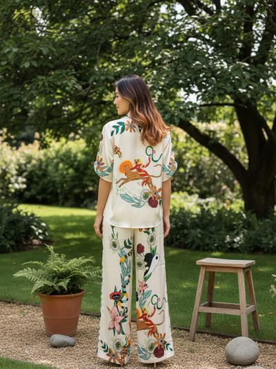 Graffiti Print Satin Short Sleeve Shirt & Pant Coord Set