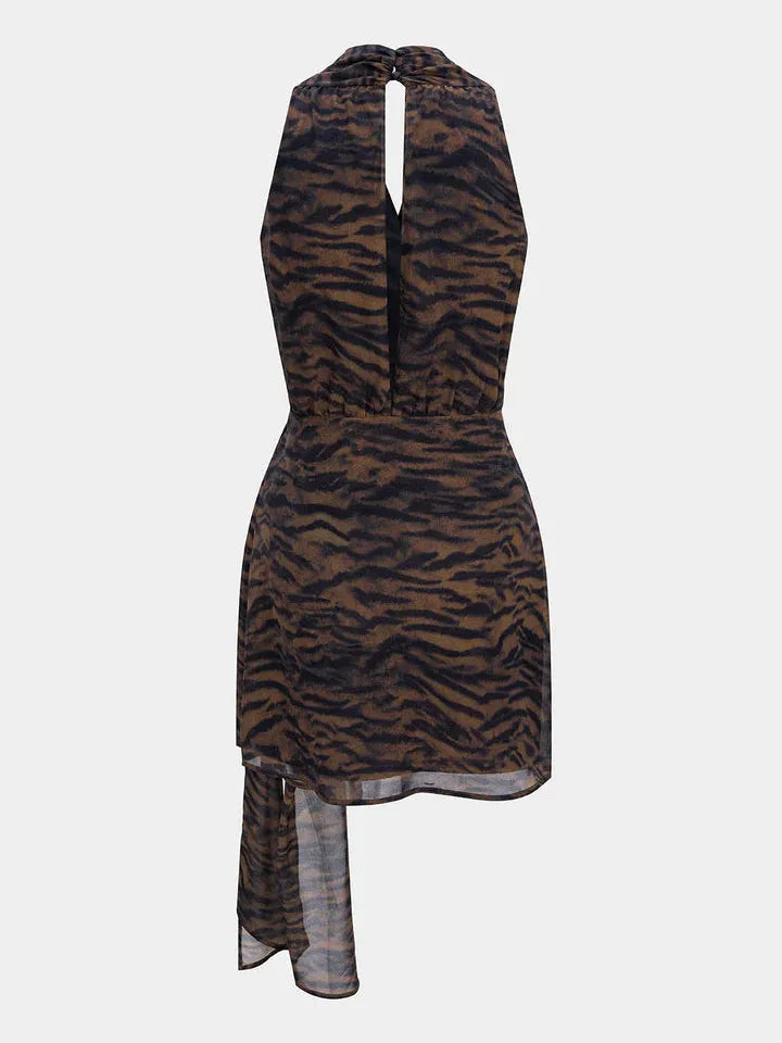 Exclusives tiger print wrap tie mini dress, halter neck with sheer asymmetric hem, on sale