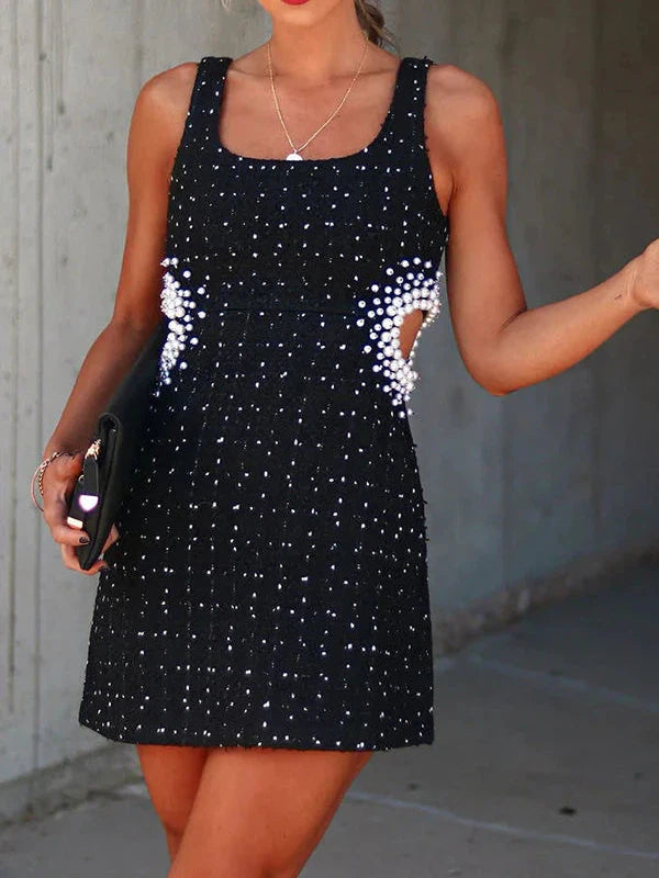Tweed Pearl Beaded Cutout Short Dress