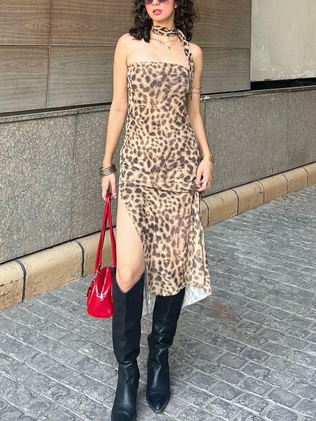 Animal Print Mesh Split Tube Dress
