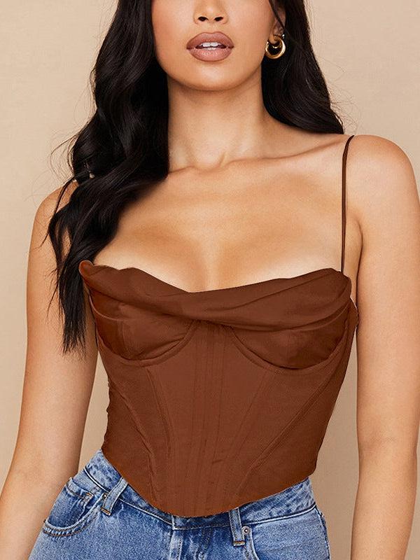 Pile Collar Satin Pleated Boning Corset Camisole Top