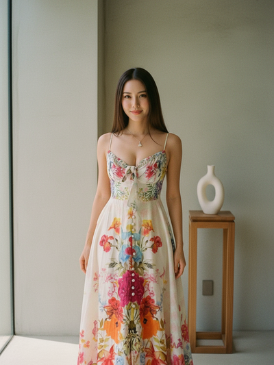 Rhinestone Spaghetti Strap Floral Print Sundress