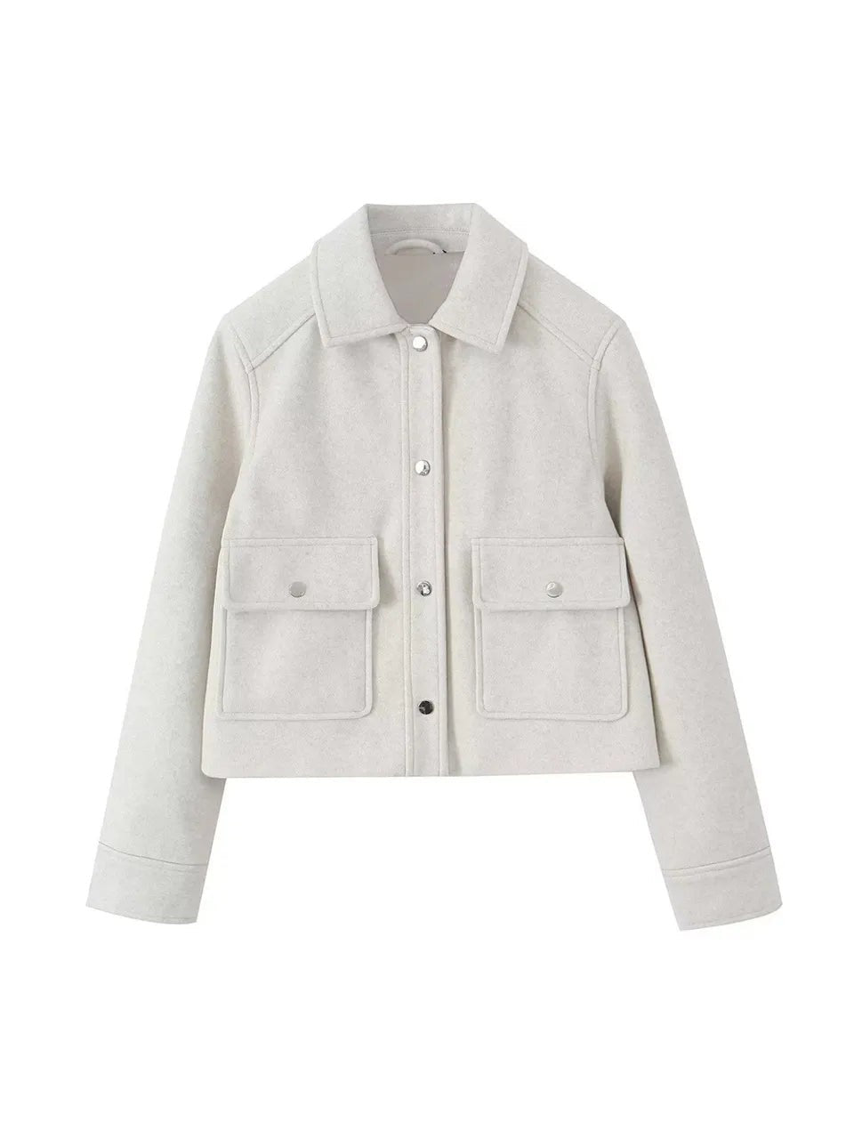 Cream wool jacket with a polo-style collar, long sleeves, front silver buttons, and two large flap pockets.
