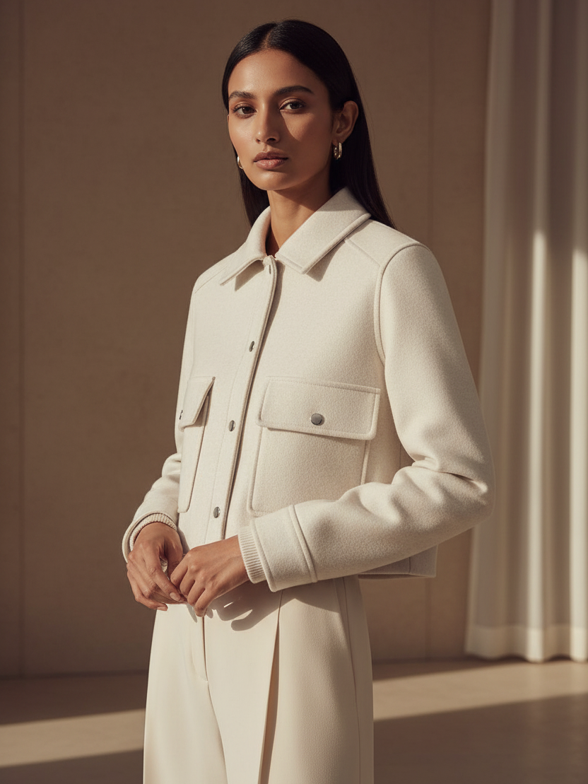 Woolen Polo Neck Textured Jacket by EXCLUSIVES in cream with two front flap pockets and metal snaps