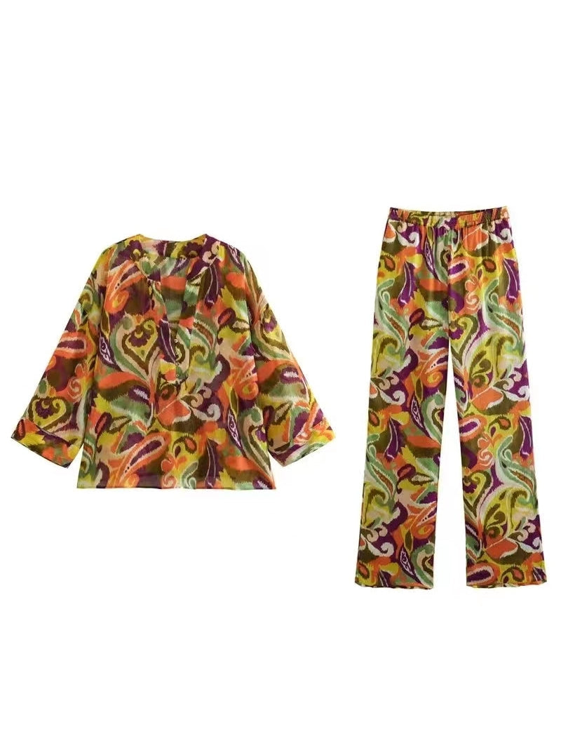 Abstract Print Shirt & Wide Leg Pants Coord Set