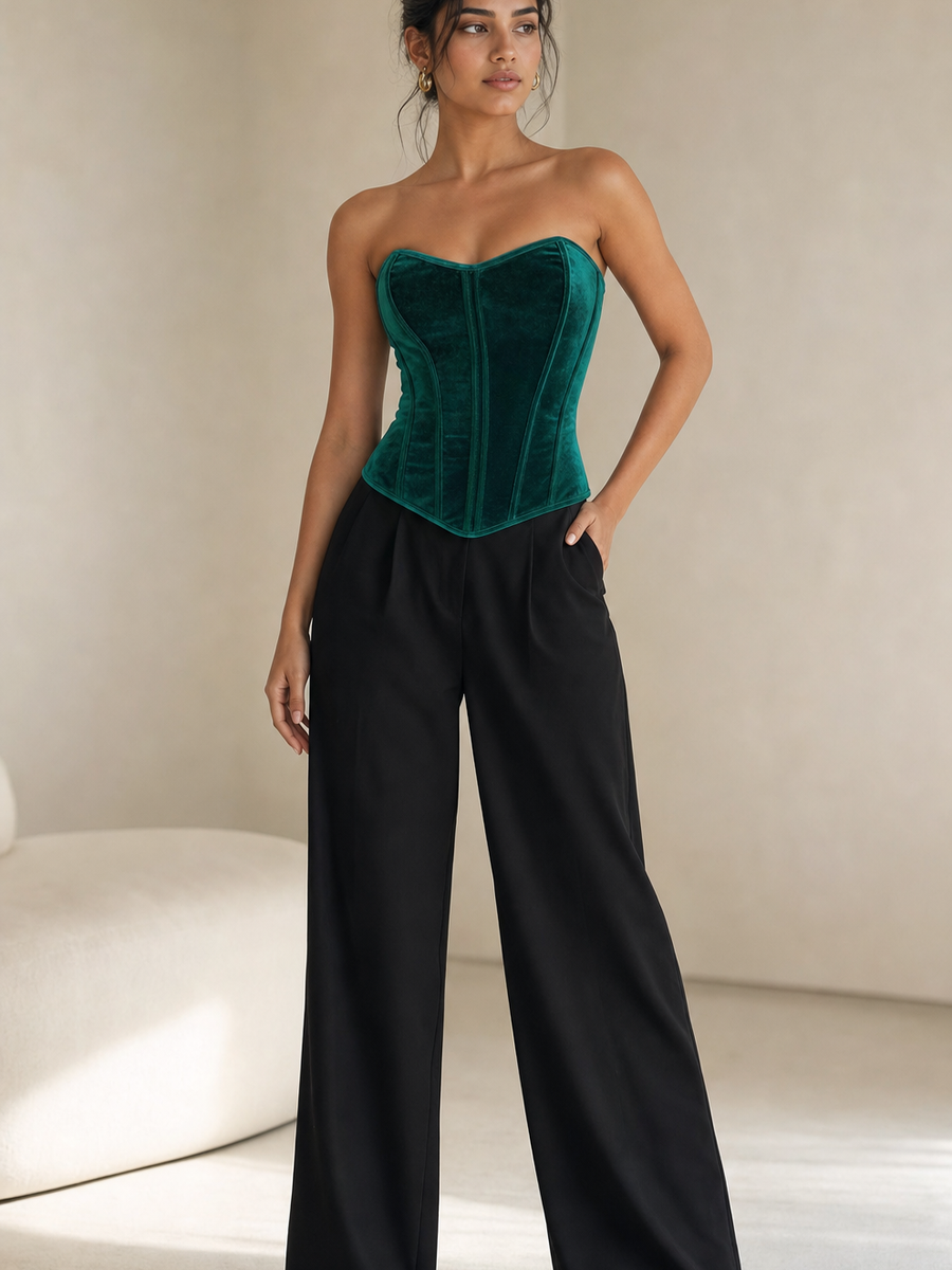 Emerald Velvet Corset Bustier Top by Exclusives, a blouse on sale.