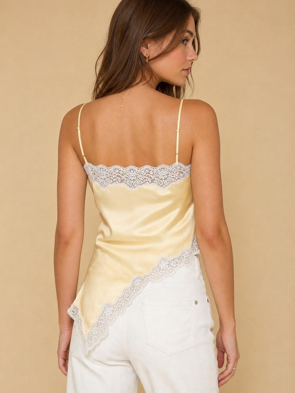 Serene Glow Lace Camisole Top in pale champagne satin with white lace trim, back view