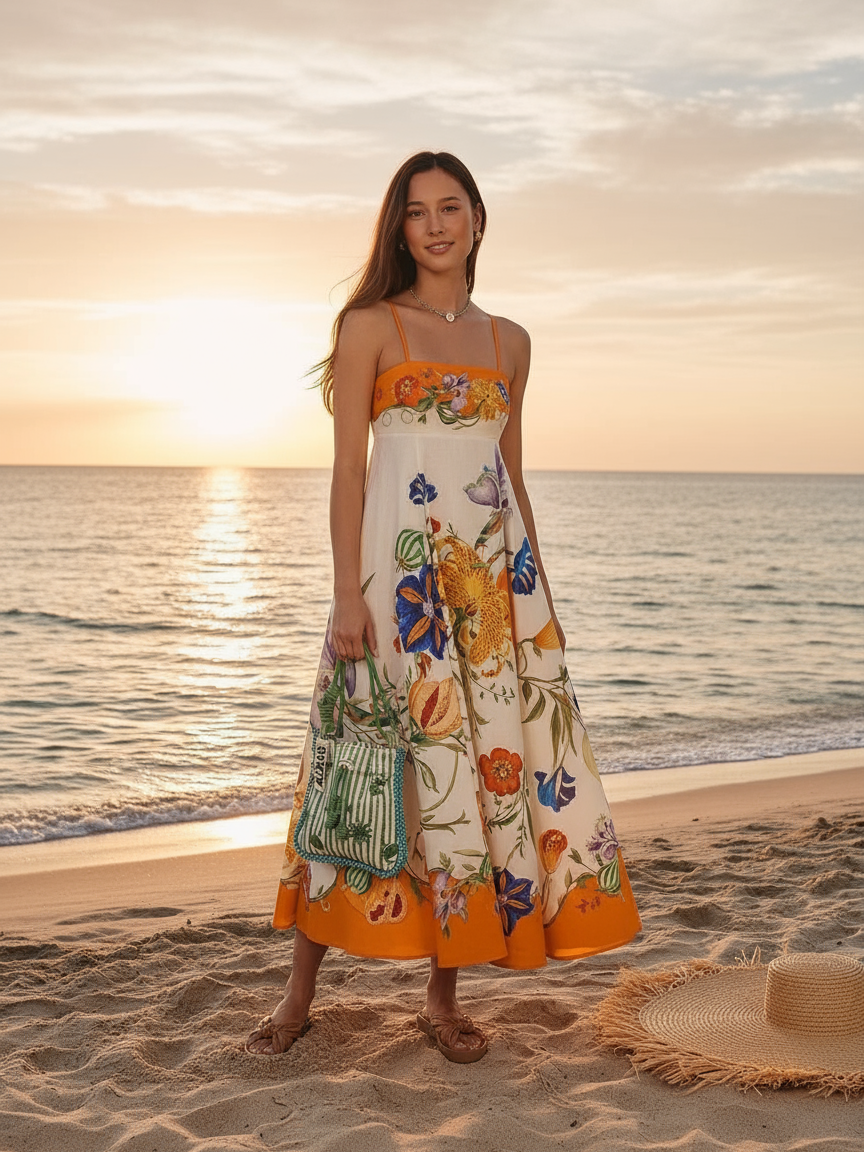 Vintage Print Sundress Midi Dress Ivory