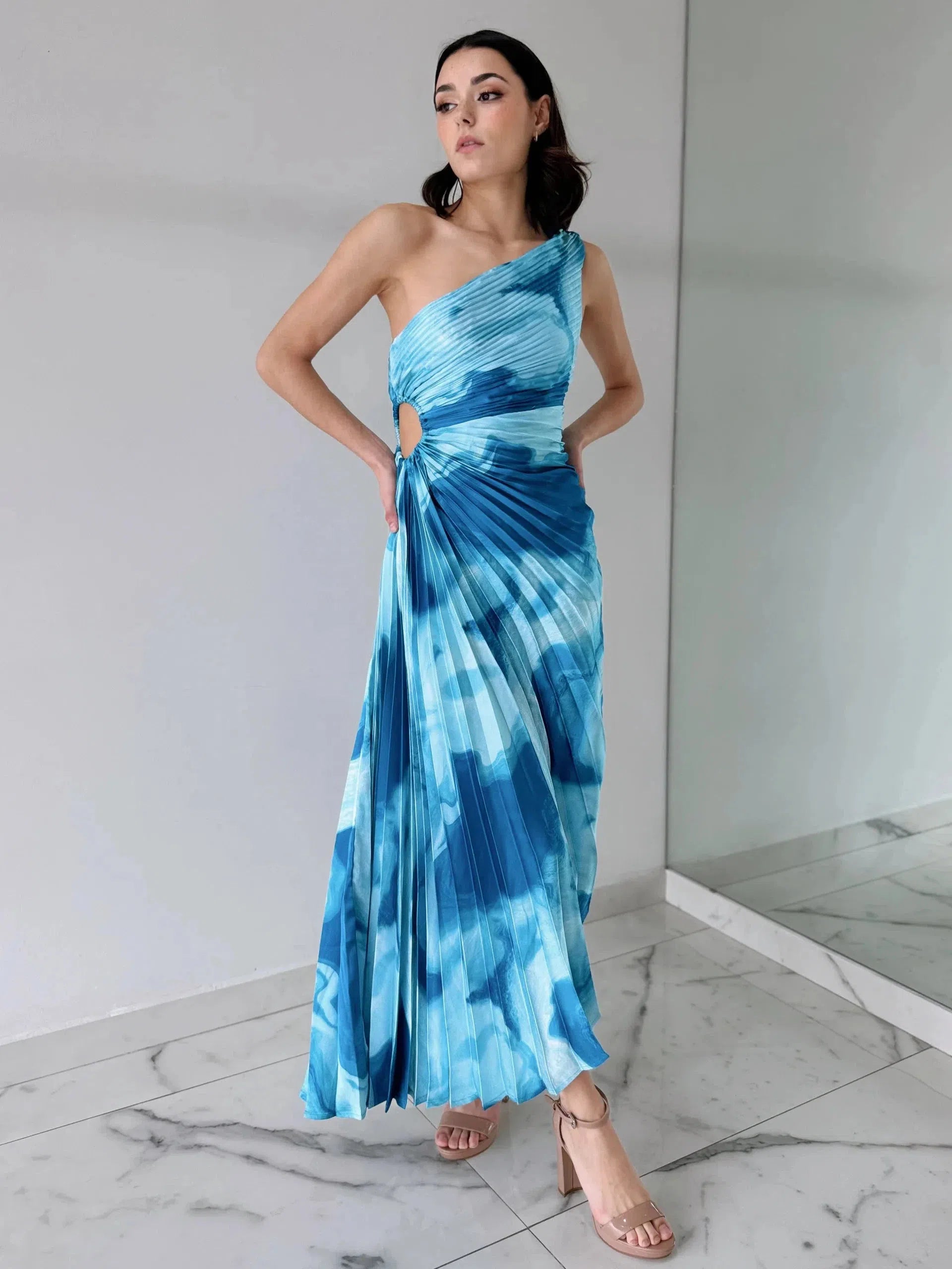 One Shoulder Tie Dye Print Pleated Cutout Dress