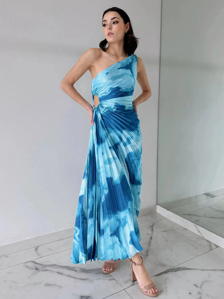 blue tie dye off the shoulder dress One Shoulder Tie Dye Print Pleated Cutout Dress