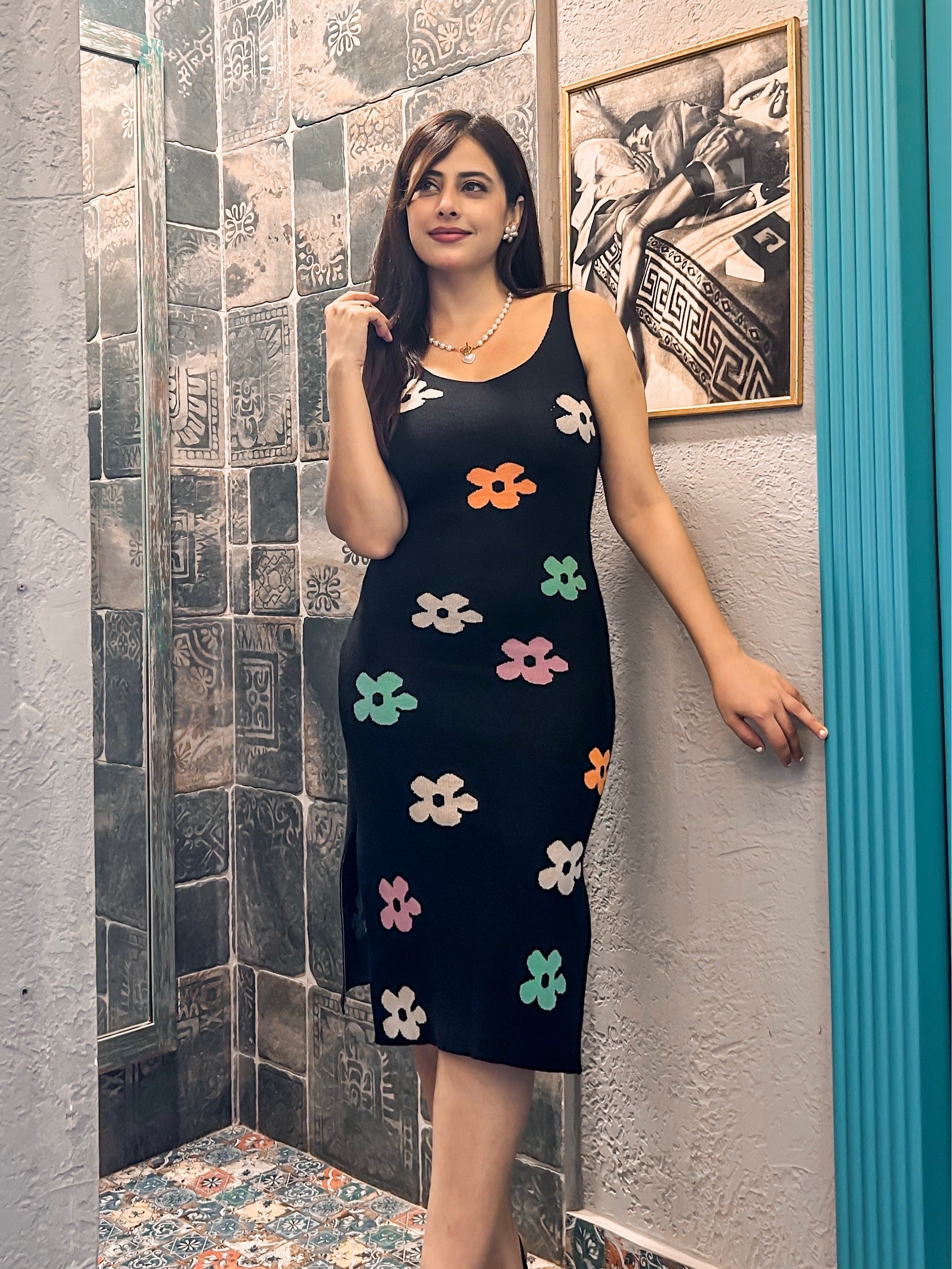 Floral Print Knitted Slit Midi Dress