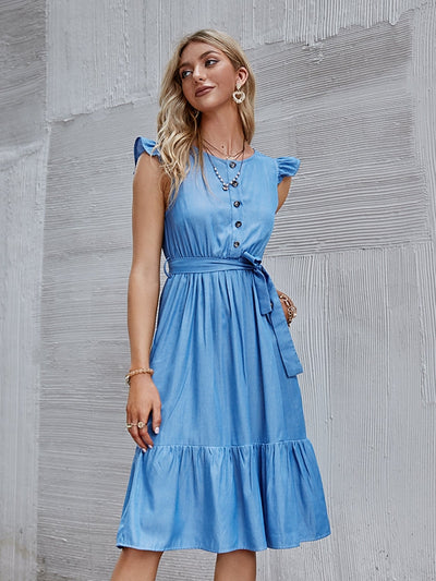 Blue Sleeveless Ruffles Midi Dress