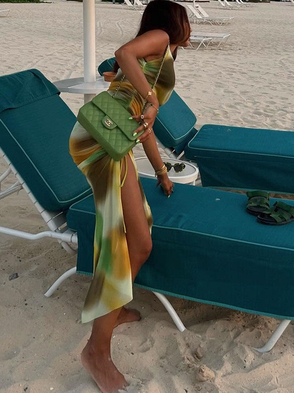 Printed Mesh Sleeveless Round Neck Sheath Split Dress