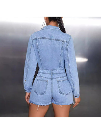 Pocket Collar Long Sleeves Denim Romper