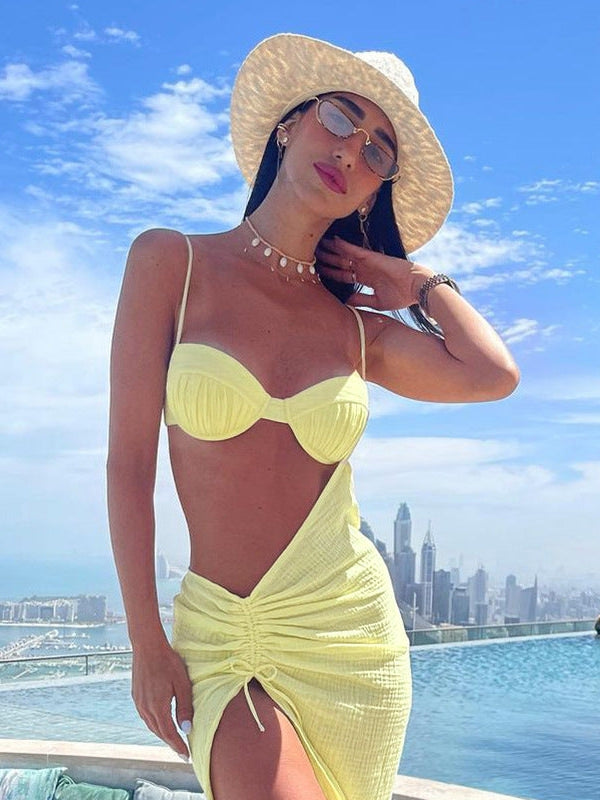 Yellow Spaghetti Strap Drawstring High Split Dress