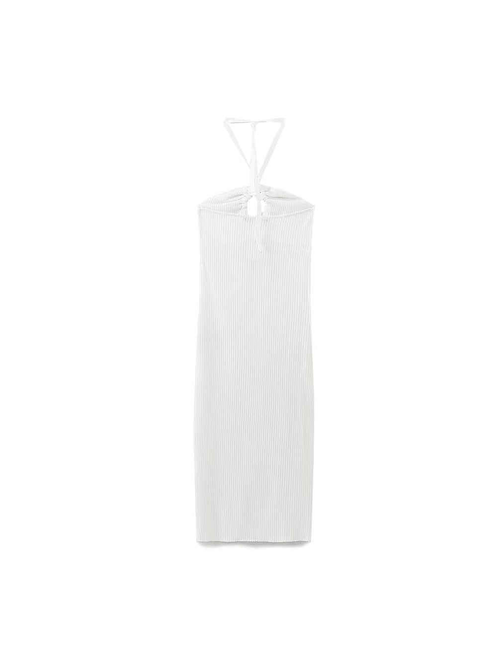 Halterneck Backless White Hollowout Ribbed Dress