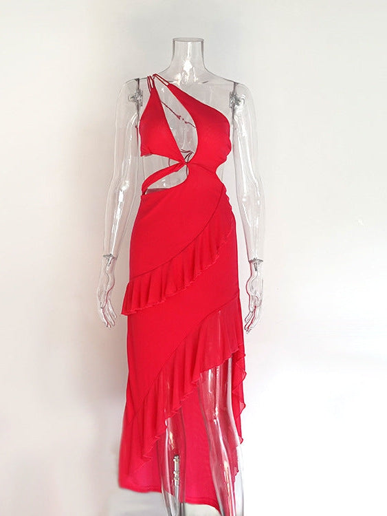 Oblique Shoulder Asymmetric Ruffled Split Cutout Dress
