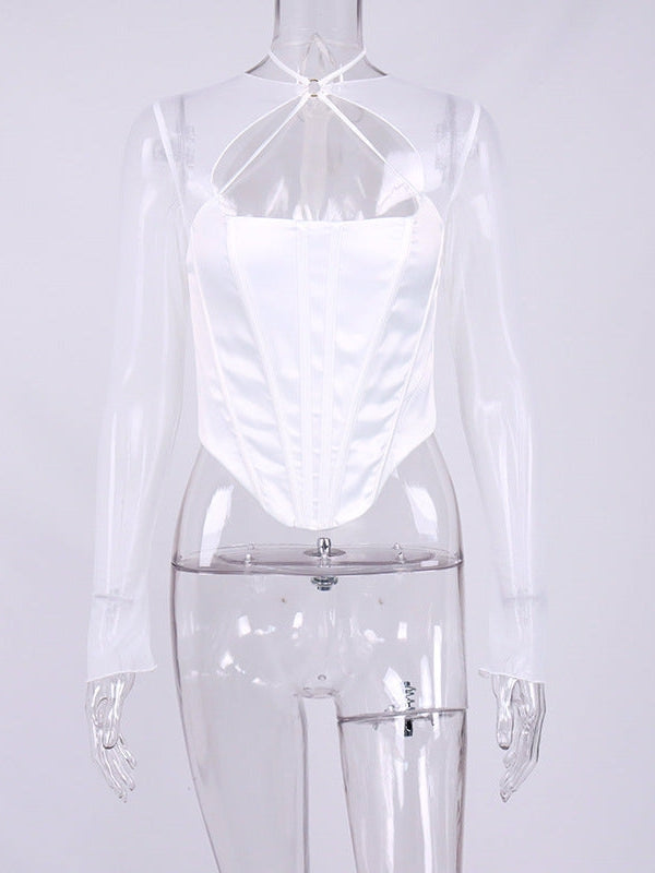 Hollow Out Mesh Sleeves Boning Corset Top