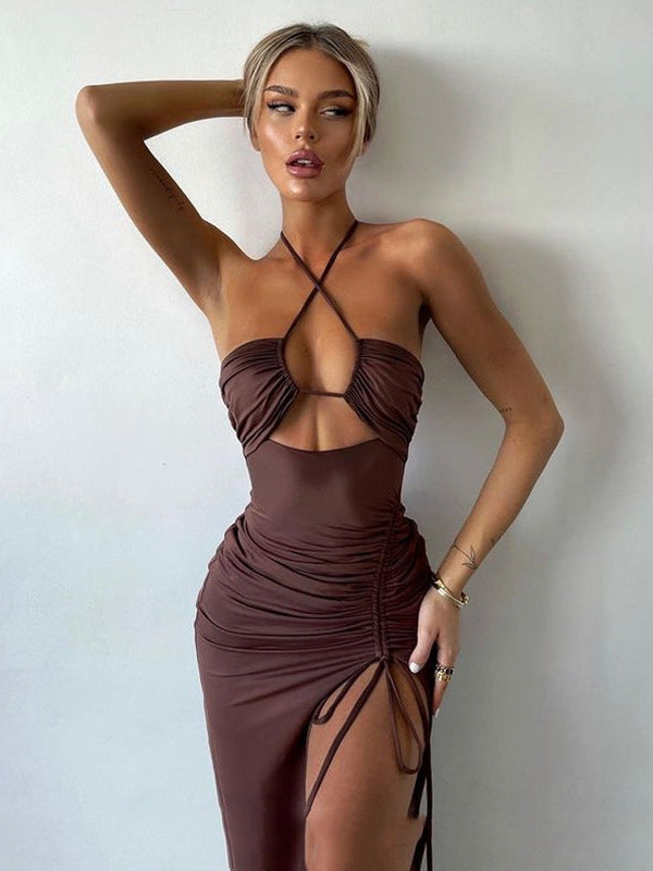Hollow Out Cutout Halterneck Backless Split Dress