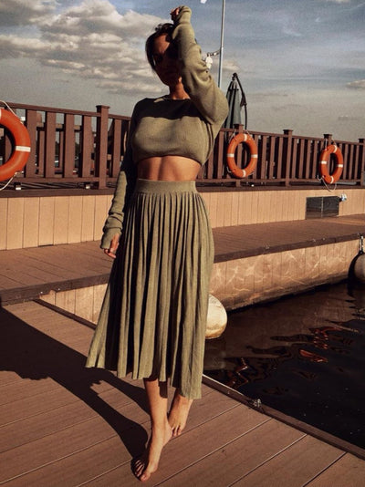 Knitted Slit Sweater Crop Top & Pleated Skirt Set