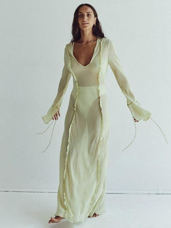 Low Cut Bell Sleeve Lace Long Mesh Dress