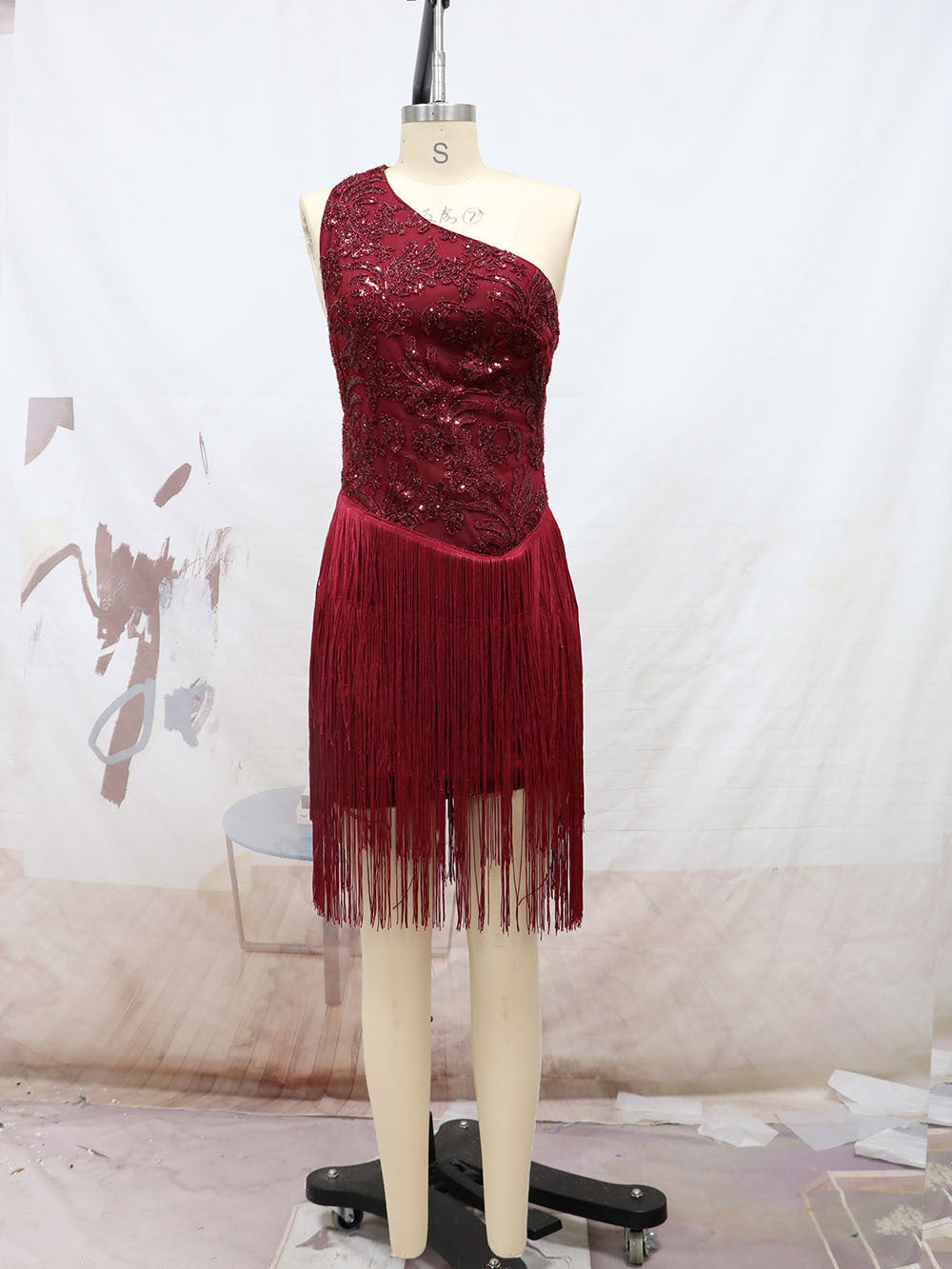 Burgundy One Shoulder Tassel Backless Sequins Dress