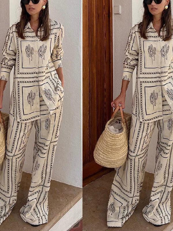 Linen Abstract Print Full Sleeves Shirt & Pants Coord Set