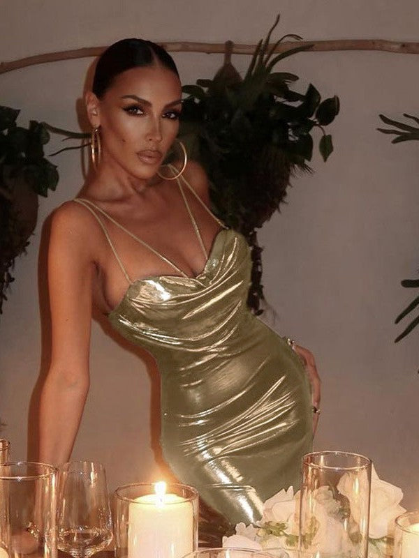 Spaghetti Strap Metallic Pile Collar Sheath Dress