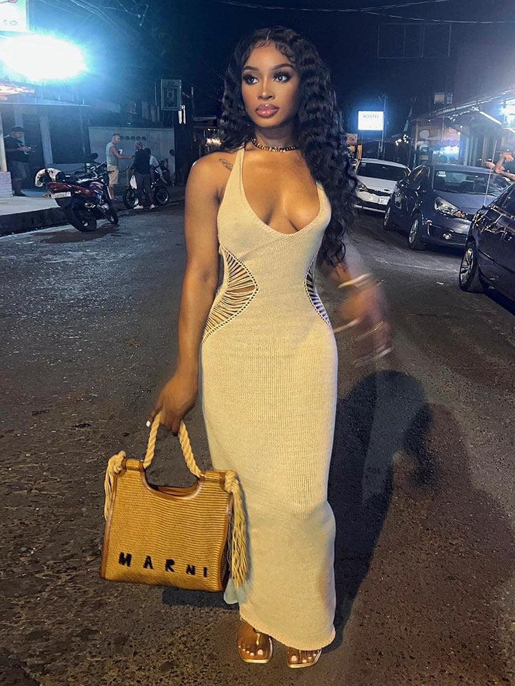 Halterneck Backless Hollow Out Maxi Dress