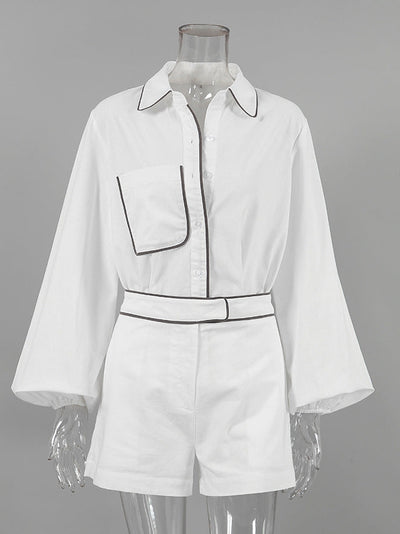 Contrast Color Casual Cotton Linen Shirt & Shorts Coord Set