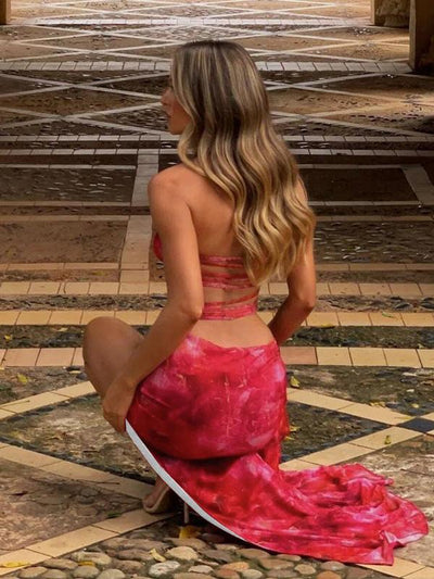 Printed Halter Cut out Bandage High Slit Backless Dress