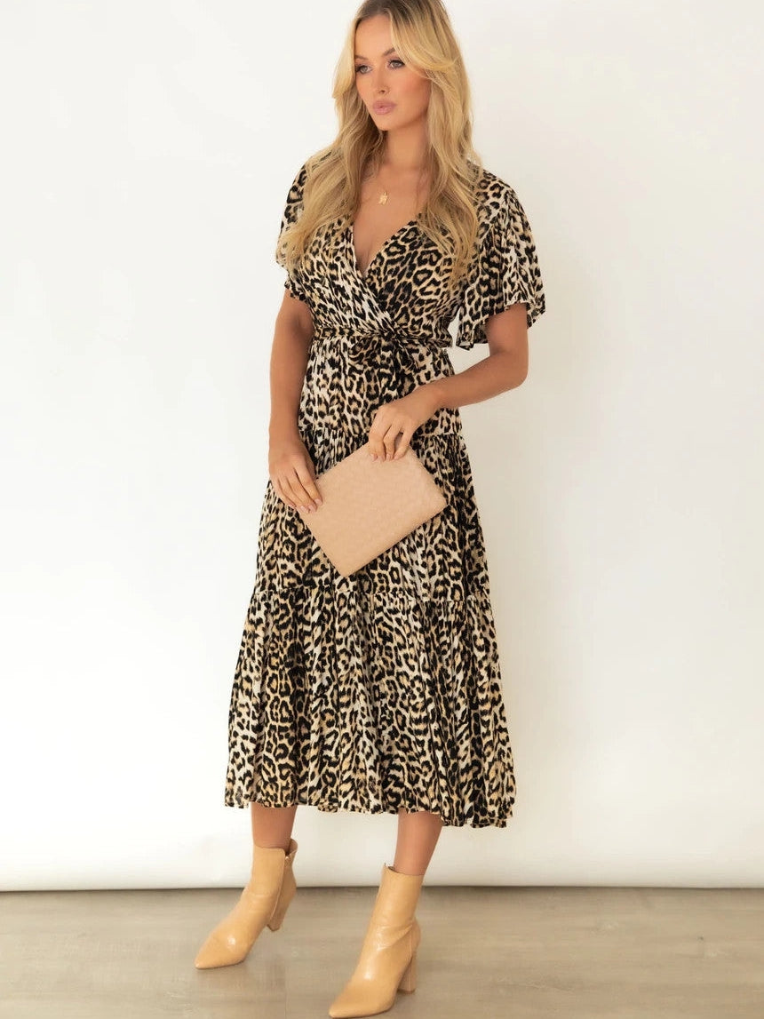 Animal Print V Neck Belted Dress