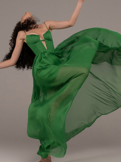 Rosalia Green Deep Neck Corset Maxi Dress