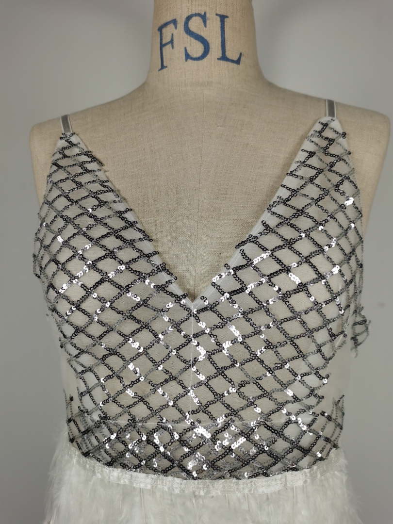 V Neck Studded Sequin Feather Dress