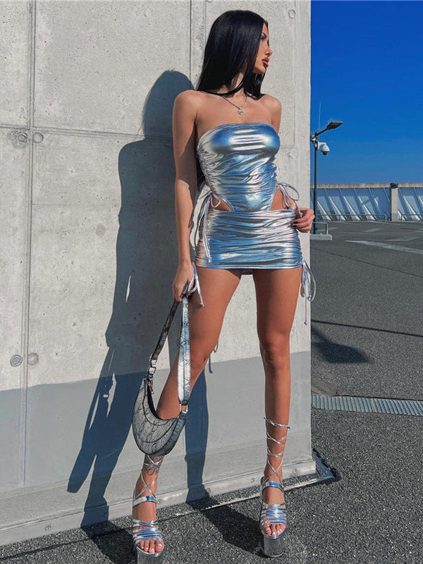 Metallic Tube Top & Drawstring Ruffle Hip Skirt Set