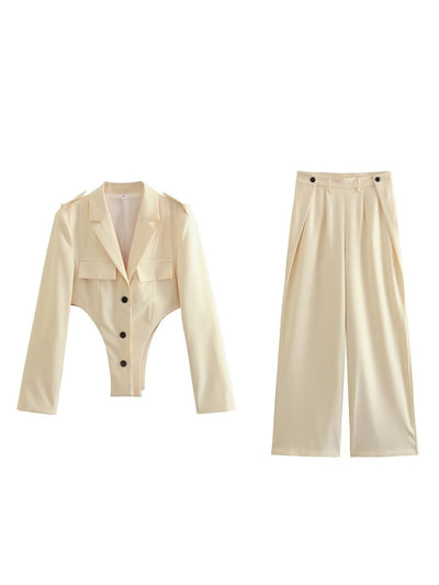 Black Blazer Cutout Bodysuit & High Waist Pants Coord Set