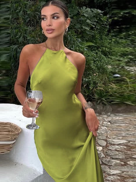 Green Halter Neck Slip Satin Dress