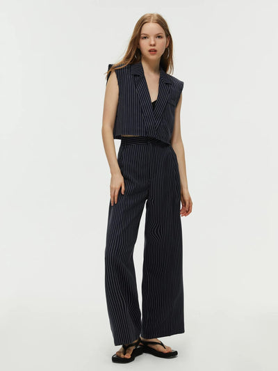 Striped Lapel Neck Crop Vest Blazer & Pants Coord Set