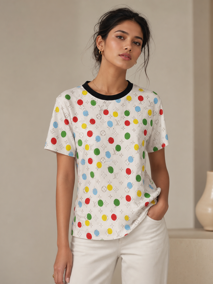 T-Shirt Branded Print LV Cotton Lycra, white top with multicolor LV monogram and dots