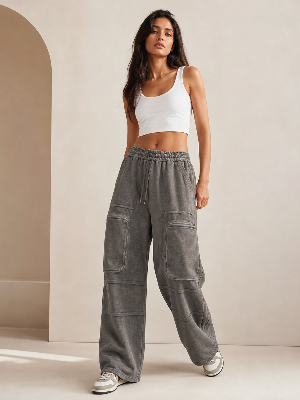 Cargo wide-leg pants with pockets in gray, elastic drawstring waist, casual cargo style
