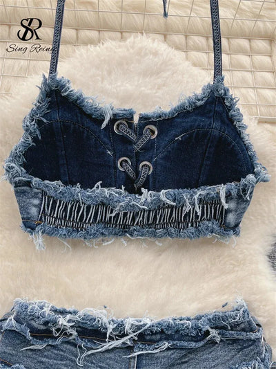 Halterneck Backless Denim Lace up Crop Top