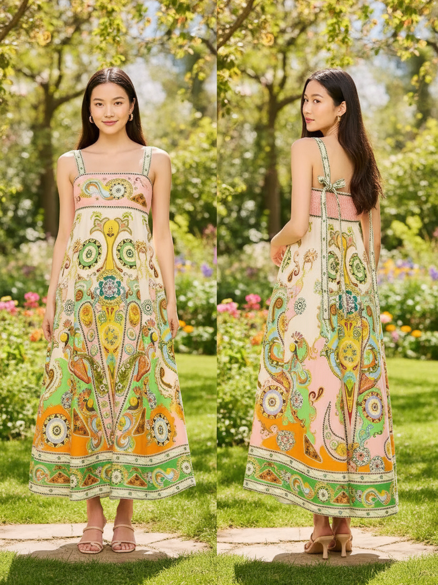 Sundress Vintage Print Midi Dress Ivory