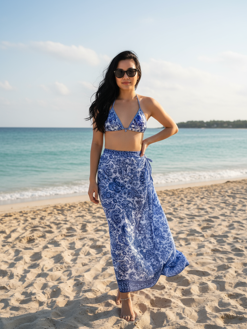 3 Piece Printed Bikini Swimsuit Set With Skirt