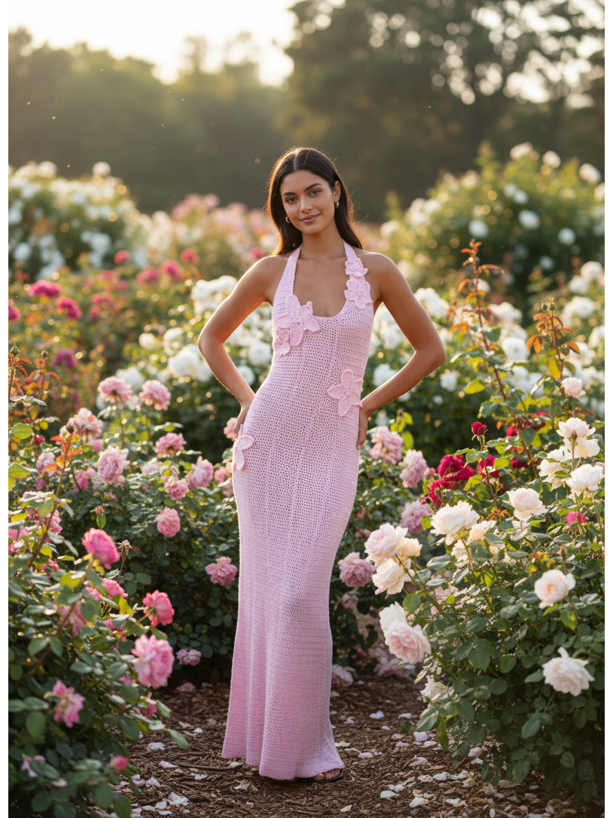 Halterneck Backless Crochet Applique Flower Maxi Dress